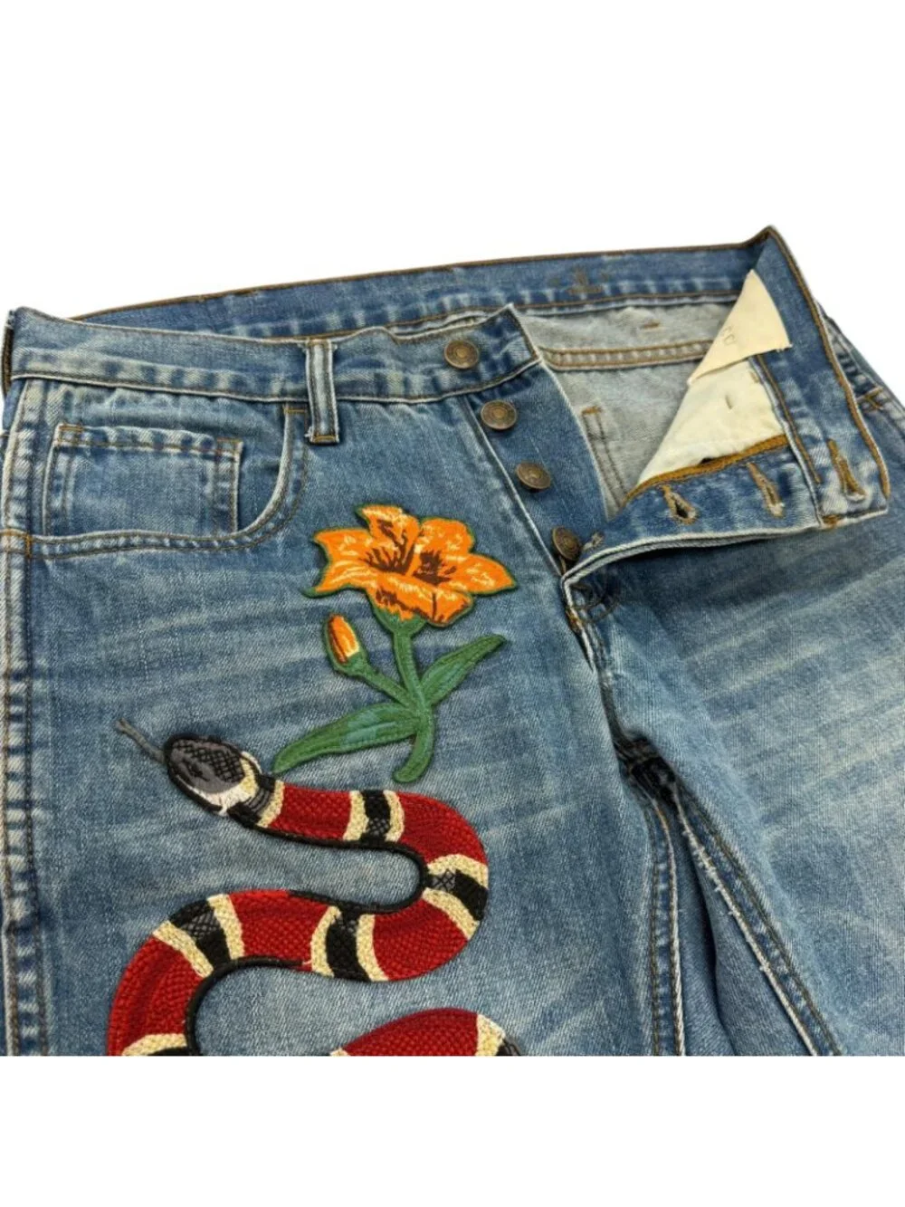 Gucci Logo Leather Patch Snake Embroidery Button Fly Denim Pants Blue 30